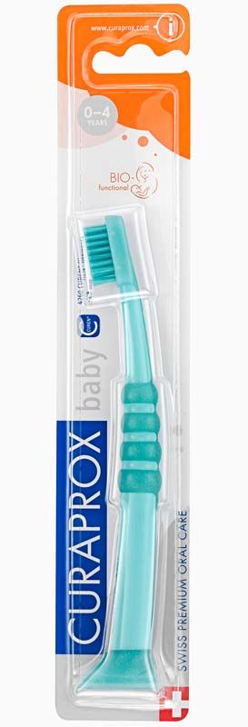 CURAPROX Baby Zahnbürste in Verpackung mit gummiertem Griff und Bürstenkopf.