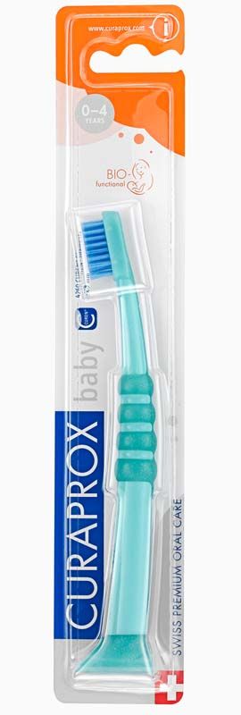 CURAPROX Baby Zahnbürste in Verpackung mit blauem Borstenkopf und Standfuß.