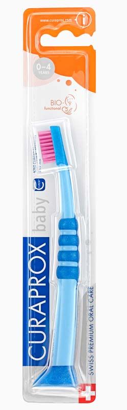 CURAPROX Baby Zahnbürste in Originalverpackung mit buntem Bürstenkopf.