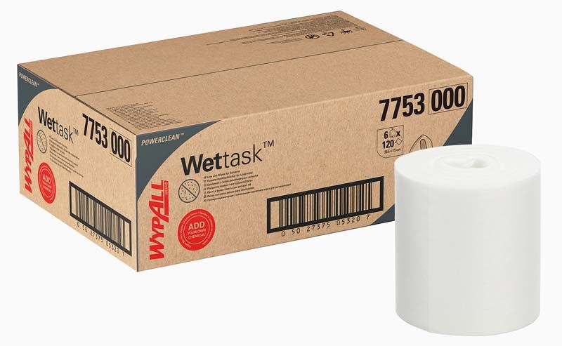 Kartonverpackung und Rolle der WypAll® Wettask™ Wipes für Lösungsmittel.