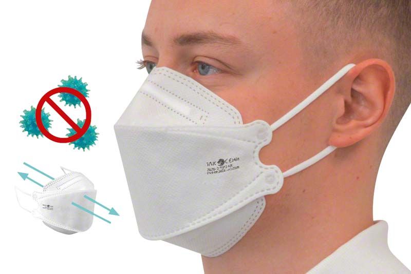 Miramask® FFP2 Atemschutzmaske am Gesicht getragen mit Symbol für Infektionsschutz.