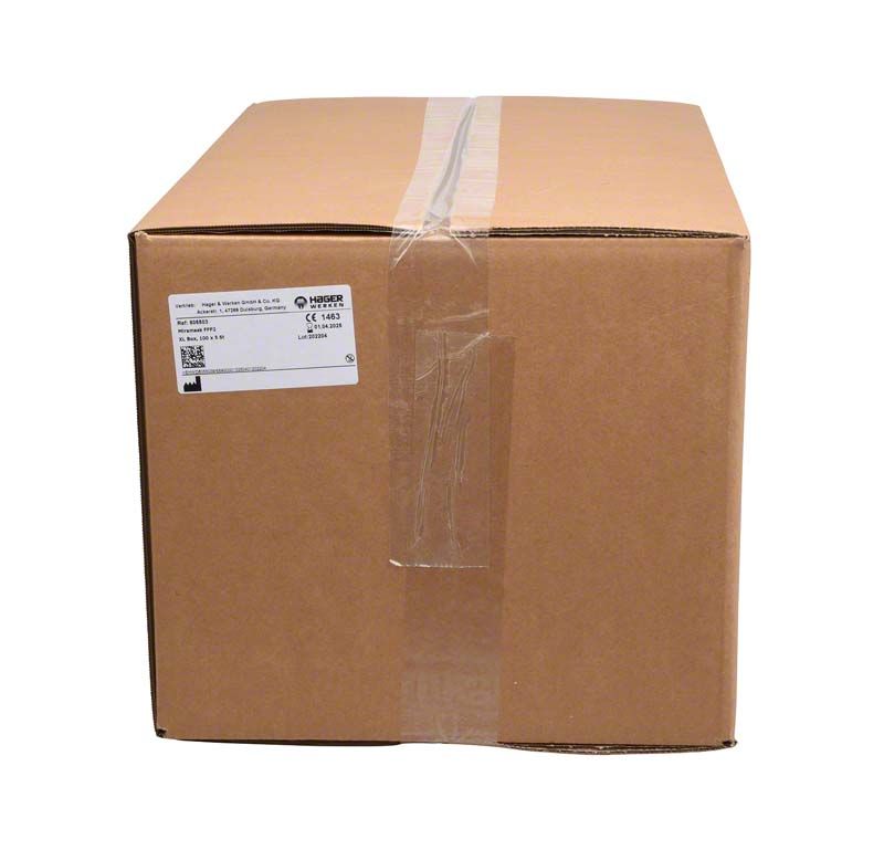 Großer Karton mit Etikett für Miramask® FFP2 500 Stück Atemschutzmasken.