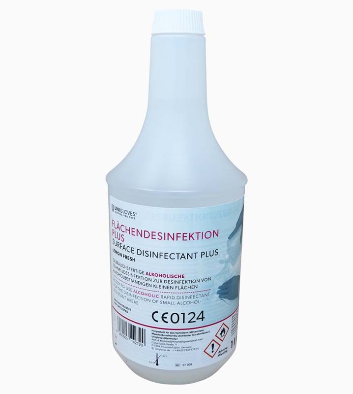 Flasche Flächendesinfektion PLUS 1 Liter Lemon Fresh mit Etikett.