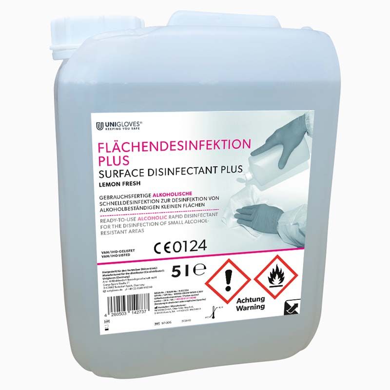 Flächendesinfektion PLUS Kanister 5 Liter Lemon Fresh mit Etikett und Warnhinweisen.