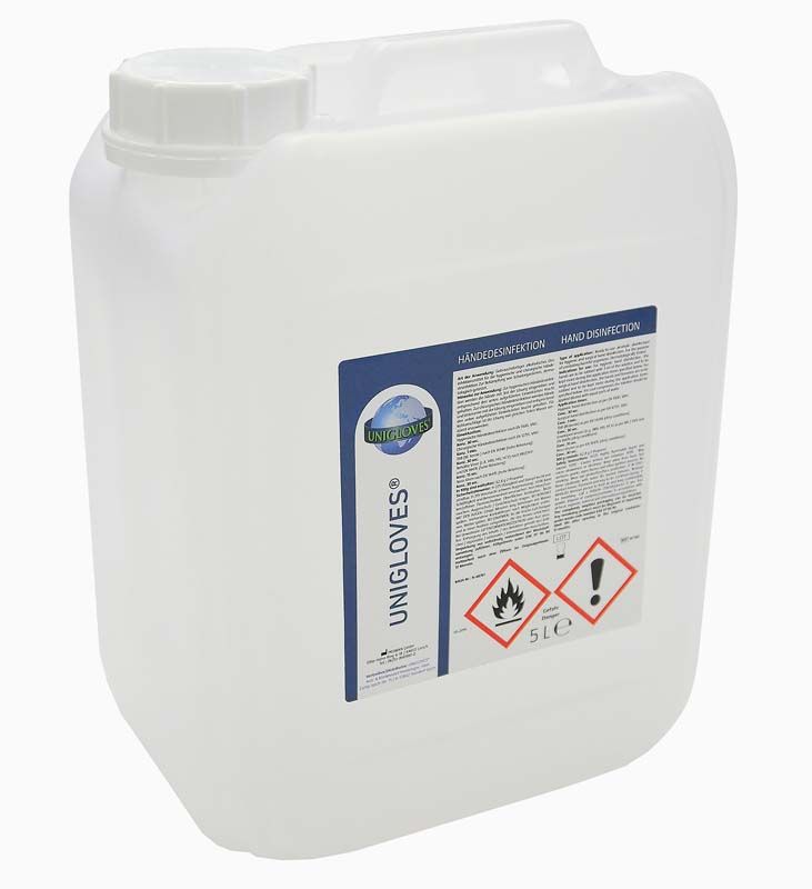 Unigloves Händedesinfektion Kanister 5l mit Sicherheitshinweisen und Etikett.