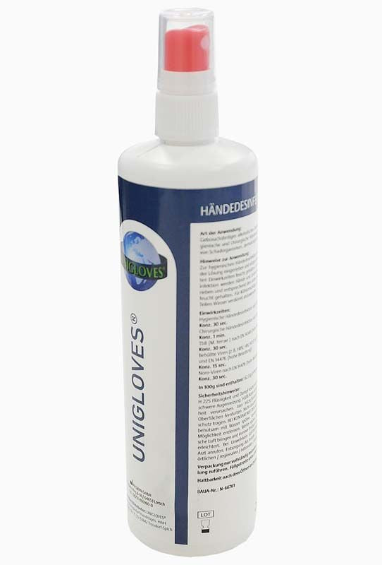 Unigloves Händedesinfektion Sprühflasche 250ml mit Etikett und rotem Sprühkopf.