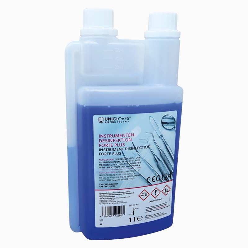 Instrumentendesinfektion Forte PLUS Dosierflasche 1 Liter mit blauem Konzentrat.