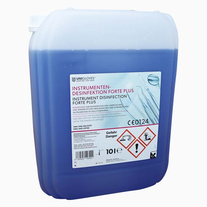 Instrumentendesinfektion Forte PLUS Kanister 10 Liter mit Etikett und Gefahrensymbolen.