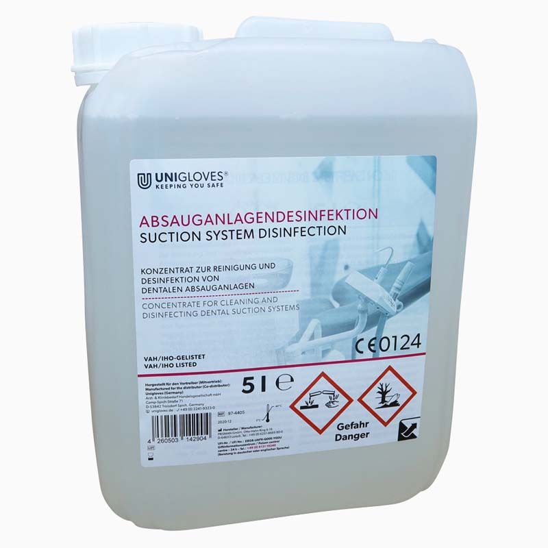 Absauganlagendesinfektion Kanister 5 Liter von Unigloves mit Etikett.