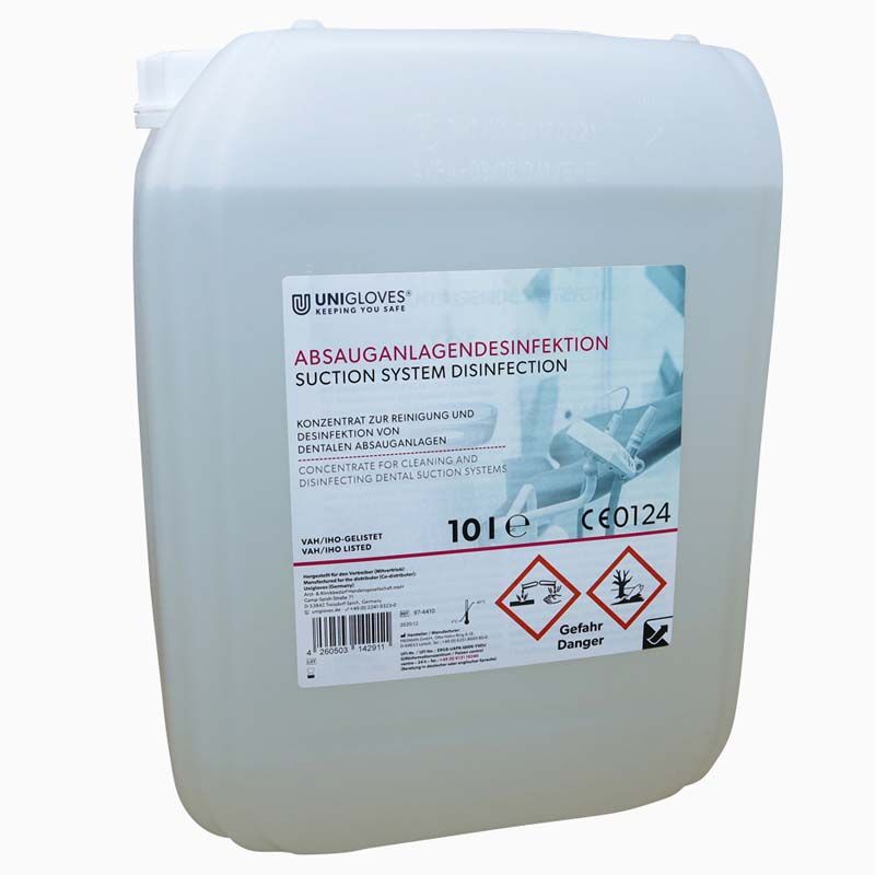Absauganlagendesinfektion Kanister 10 Liter mit Gefahrenhinweisen.