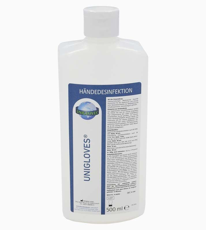 Unigloves Händedesinfektion Flasche 500ml mit Etikett und Produktinformationen.