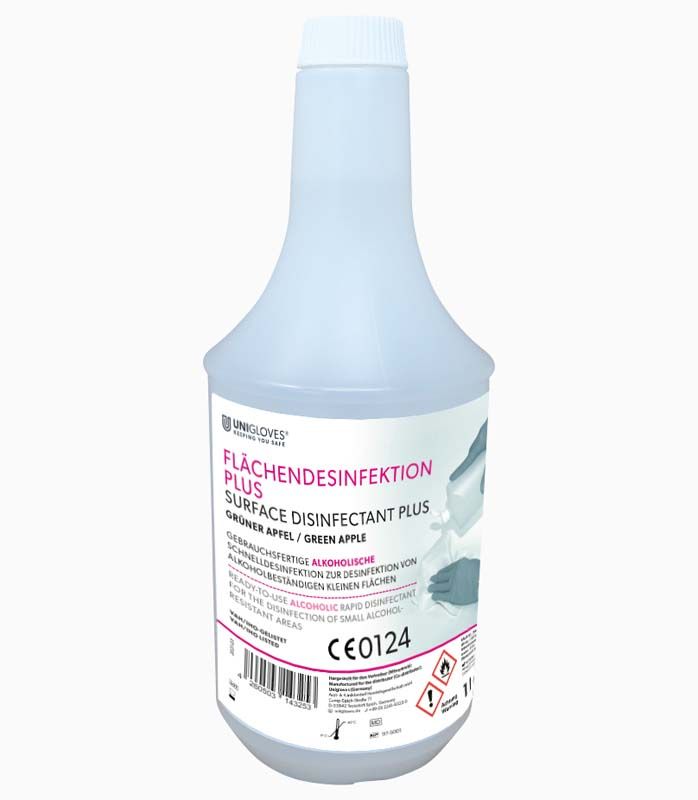 Flasche Flächendesinfektion PLUS Grüner Apfel, 1 Liter, mit Etikettendetails.