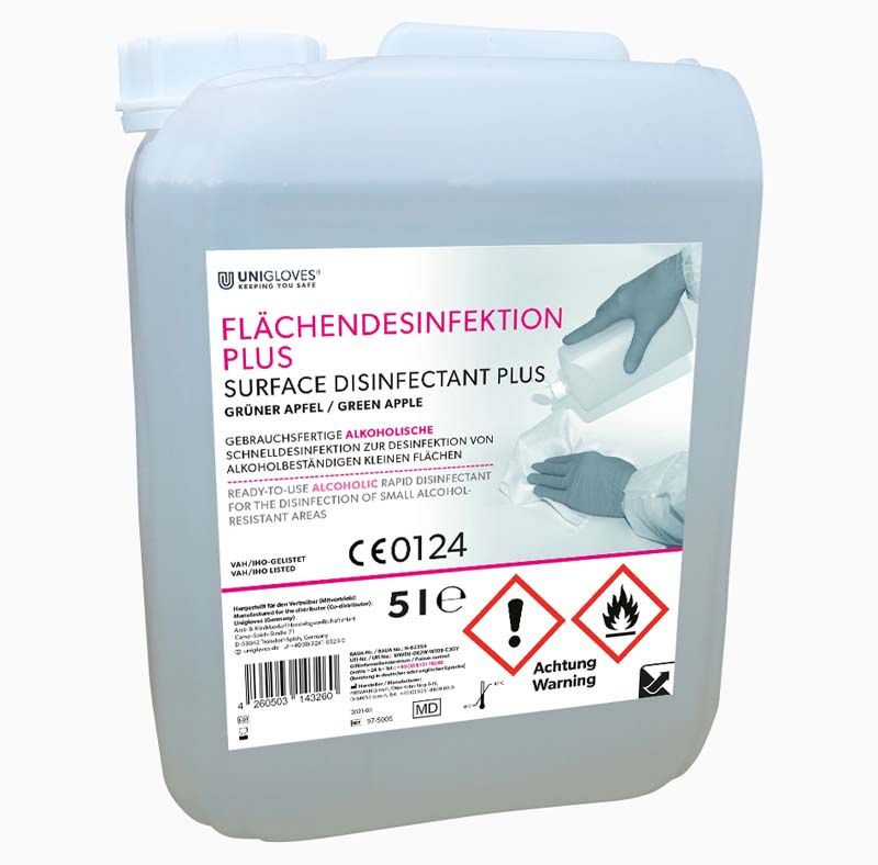 Flächendesinfektionsmittel-Kanister 5 Liter Grüner Apfel mit Etikett.