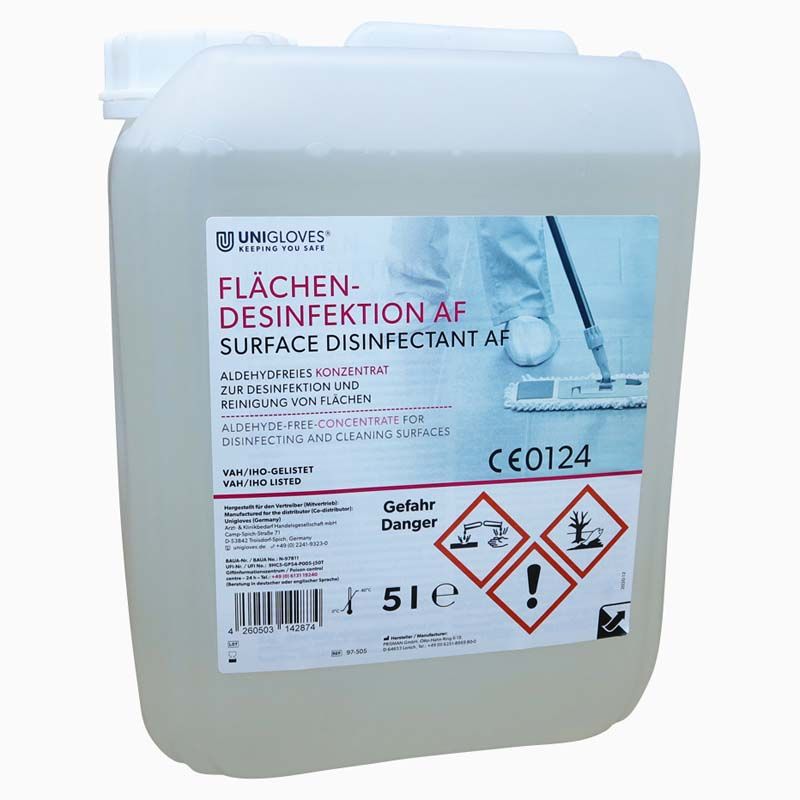 Flächendesinfektion AF Kanister 5 Liter mit Warnhinweisen und Etikett.