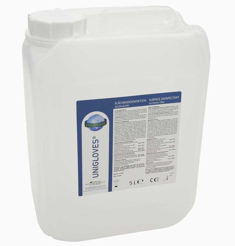 Alkoholfreie Flächendesinfektion Kanister 5L mit Etikett und Produktinformationen.