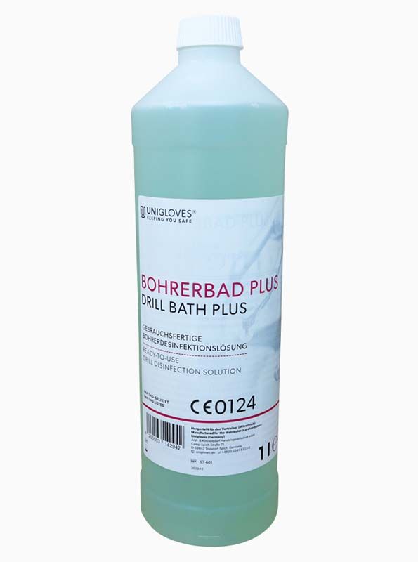 Bohrerbad Plus Flasche 1l zur Reinigung dentaler Instrumente.