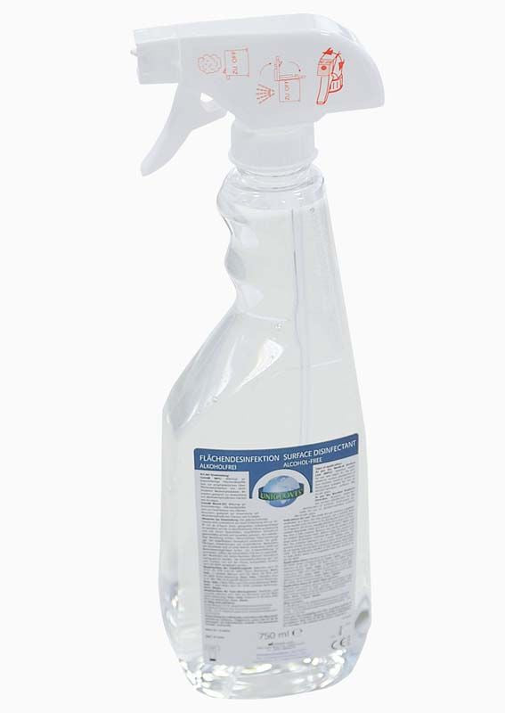 Alkoholfreie Flächendesinfektion Sprühflasche 750ml mit Etikett und rotem Symbol.