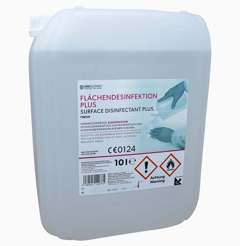 Flächendesinfektion PLUS Kanister 10 Liter mit Warnhinweisen.