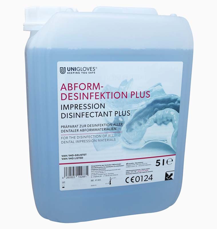 Abformdesinfektion PLUS Kanister 5L mit blauer Desinfektionslösung.