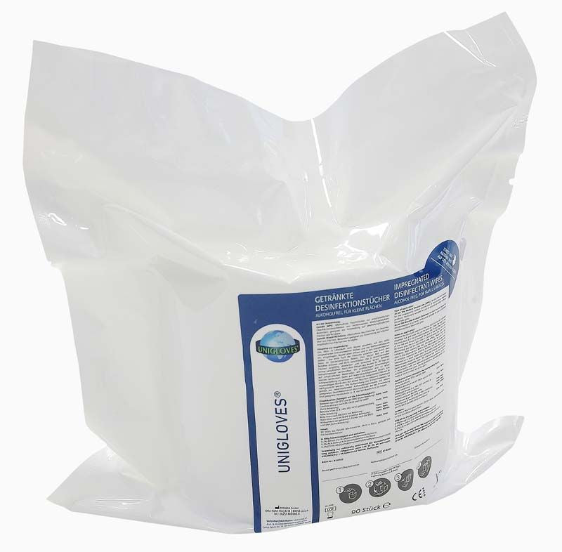 Desinfektionstücher Unigloves Verpackung mit Etikett und Produktinformationen.