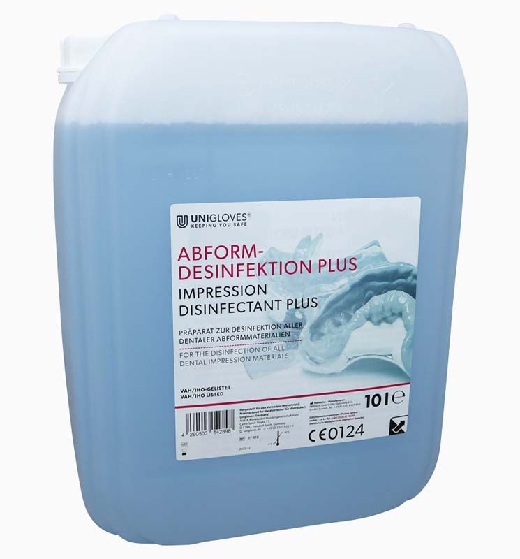 Abformdesinfektion PLUS Kanister 10L mit Etikett und Produktinformationen.