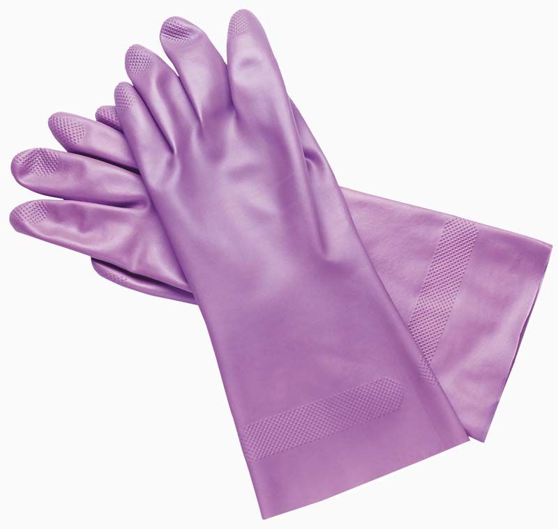 Lila Nitrilhandschuhe in Größe S, flach auf weißem Hintergrund.