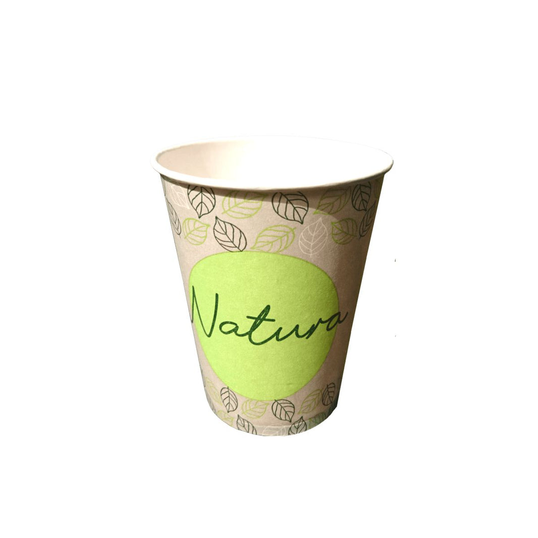 Monoart Bio Becher Natura 180ml mit Blattmuster und grünem Schriftzug.