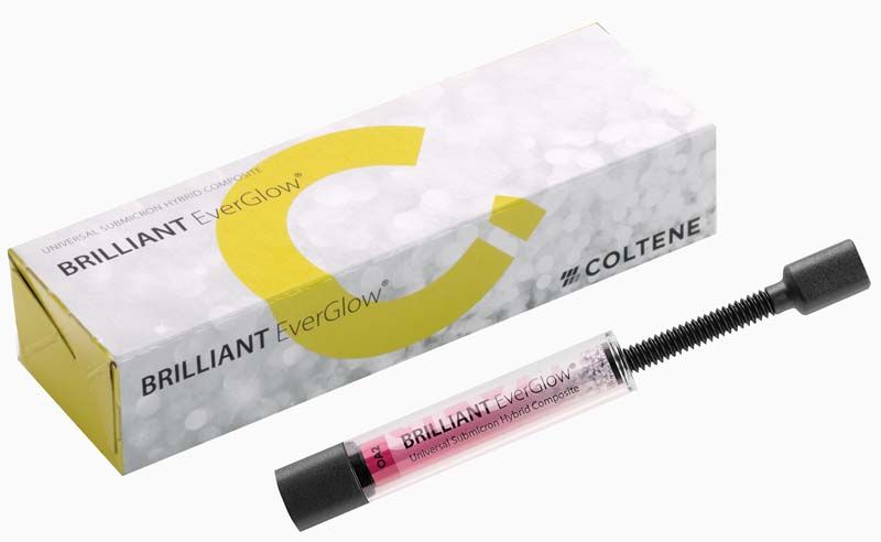 BRILLIANT EverGlow™ Spritze OA2 vor Verpackung mit gelbem Logo.