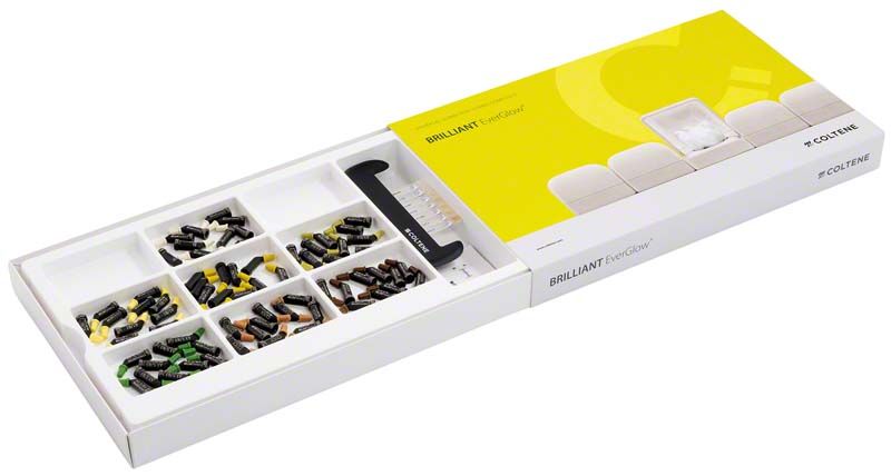 BRILLIANT EverGlow™ Einfarbkit mit verschiedenen Zahnersatz-Füllungskapseln in einer Box.