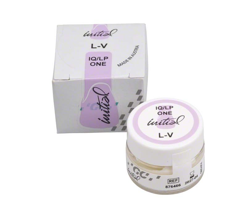 GC Initial IQ LP ONE Enamel Effekt Shade V Verpackung und Tiegel.