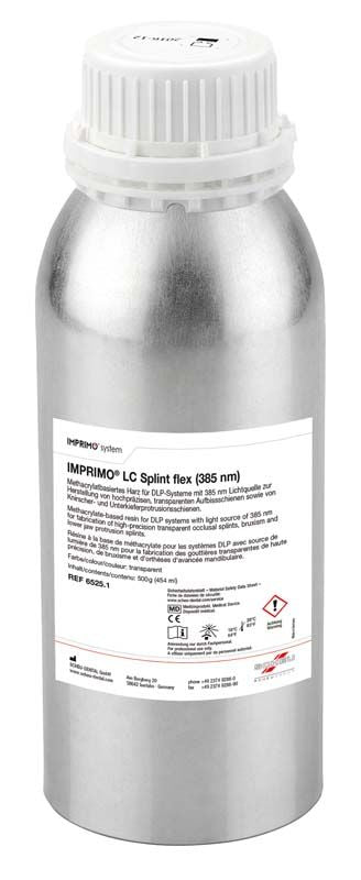 IMPRIMO® LC Splint flex Flasche 500g mit Etikett auf silbernem Hintergrund