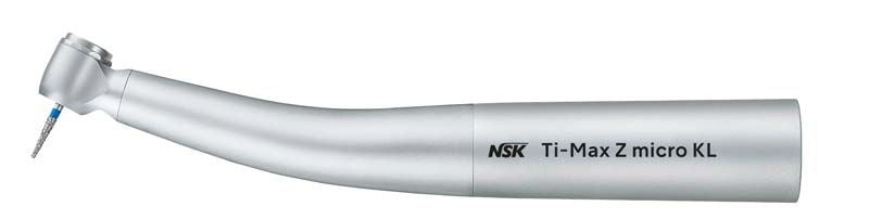 Dentalturbine Ti-Max Z micro KL in silberner Farbe mit Bohrer.