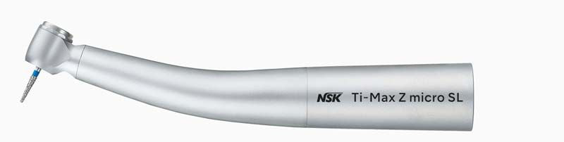 Dentalturbine Ti-Max Z micro SL in silberner Ausführung mit Bohrer.
