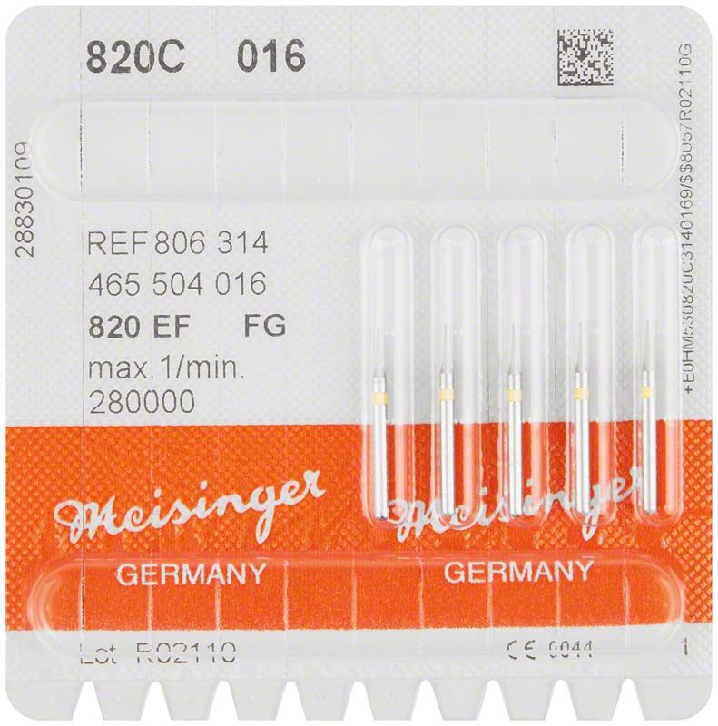 Verpackung von Diamant FG 820C 016, Meisinger, mit sechs Bohrern.