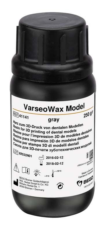 Schwarze Flasche mit VarseoWax Model grau 250g für 3D-Druck von dentalen Modellen.