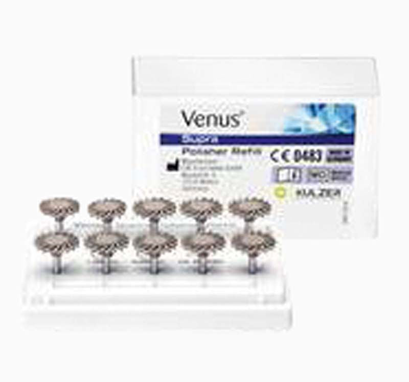 Venus Supra Hochglanzpolierer Twist Disc im Kunststoffhalter mit Verpackung im Hintergrund.