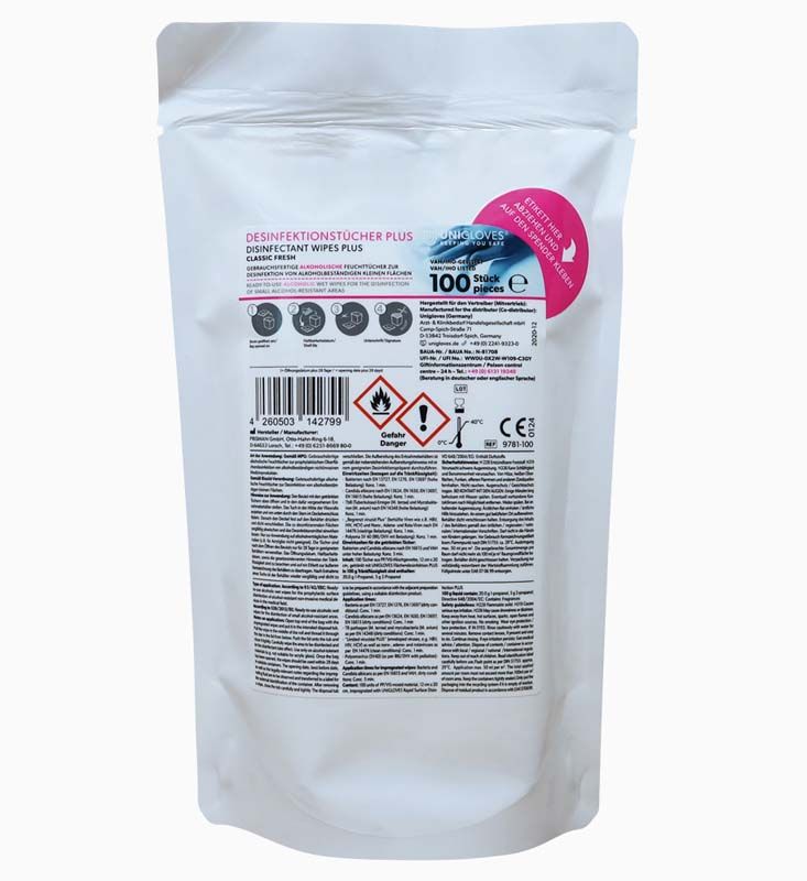Desinfektionstücher Plus Classic Fresh 100 Blatt Nachfüllbeutel auf weißem Hintergrund.