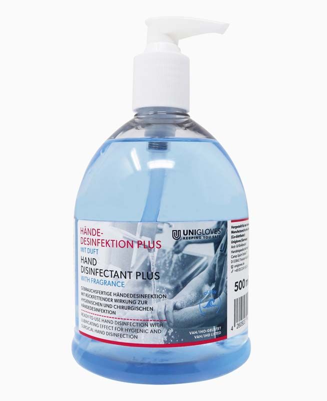 Händedesinfektion Plus 500 ml mit Duft und Alkoholgehalt in transparenter Flasche.