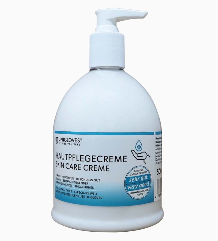 Hautpflegecreme Flasche 500ml mit Pumpverschluss und dermatologischem Siegel.