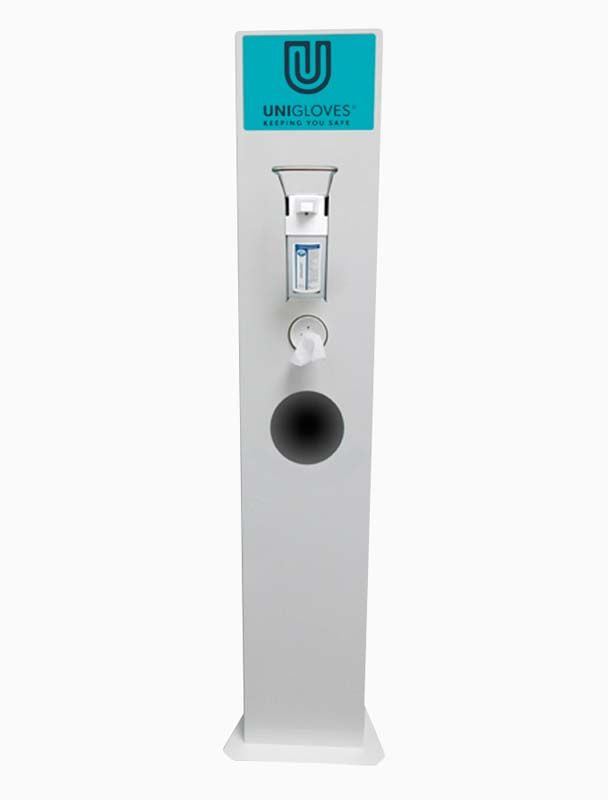 Hygienetower Maxi mit Desinfektionsmittelspender und Einmalhandschuhspender.