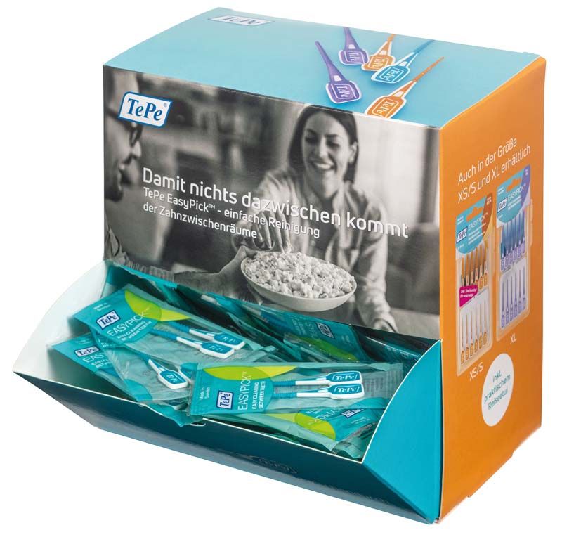 Verpackung von Easy Pick Interdentalbürsten in orange XS/S, mit Werbeslogan.