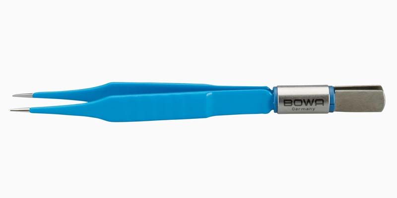 Bipolare Pinzette 110mm gekröpft mit blauen Griffen.