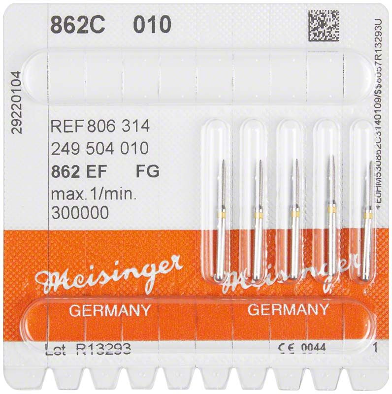 Blisterpackung mit sechs gelben Diamantinstrumenten FG 862C 010 von Meisinger.