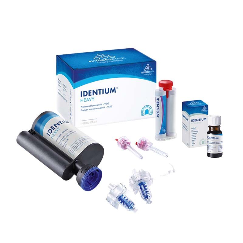 Identium® Heavy Intro Pack mit Verpackung und Zubehör für Zahnabformungen.