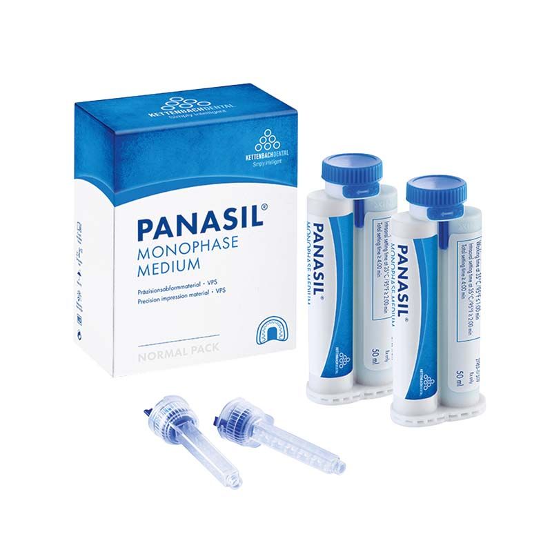 Panasil® monophase Medium Normal Pack mit zwei blauen Kartuschen und Mischkanülen.