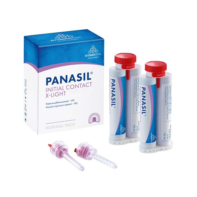 Panasil® initial contact X-Light Normal Pack mit Kartuschen und Mischkanülen.