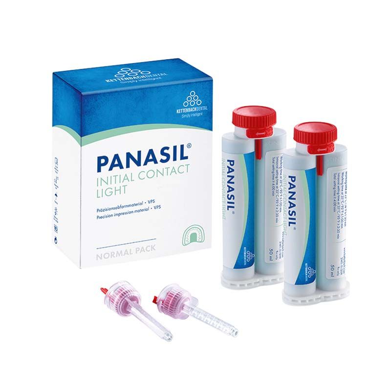 Panasil® initial contact Light Normal Pack mit zwei 50ml Kartuschen und Mischaufsätzen.