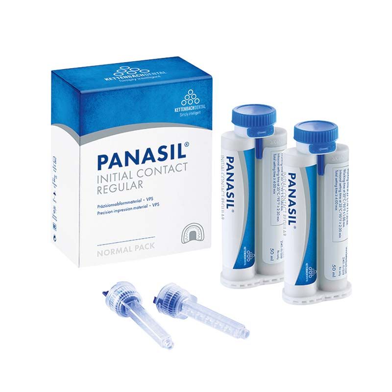 Panasil® initial contact Regular Normal Pack mit zwei 50ml-Kartuschen und Mischkanülen.