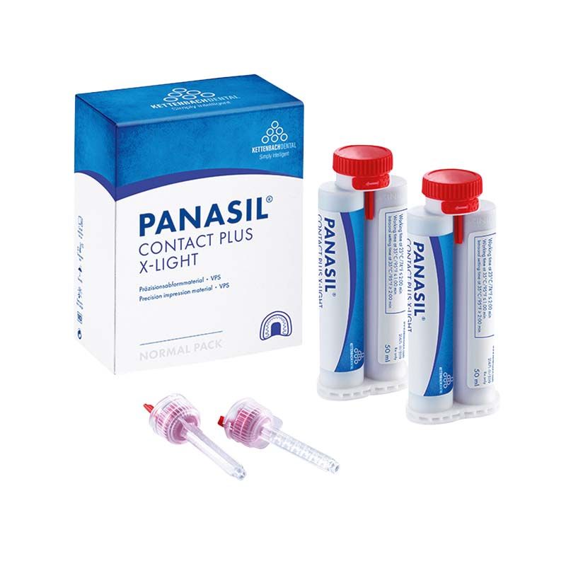 Panasil® contact plus X-Light Normal Pack mit zwei Kartuschen und Mischaufsätzen.
