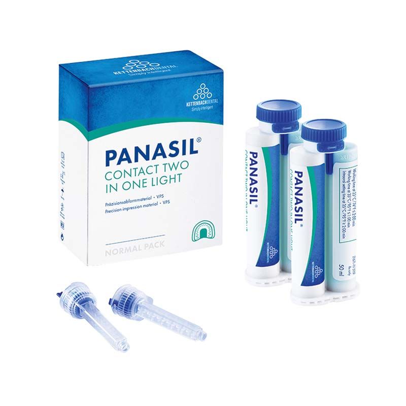 Panasil® contact two in one Light Normal Pack mit Kartuschen und Mischkanülen.